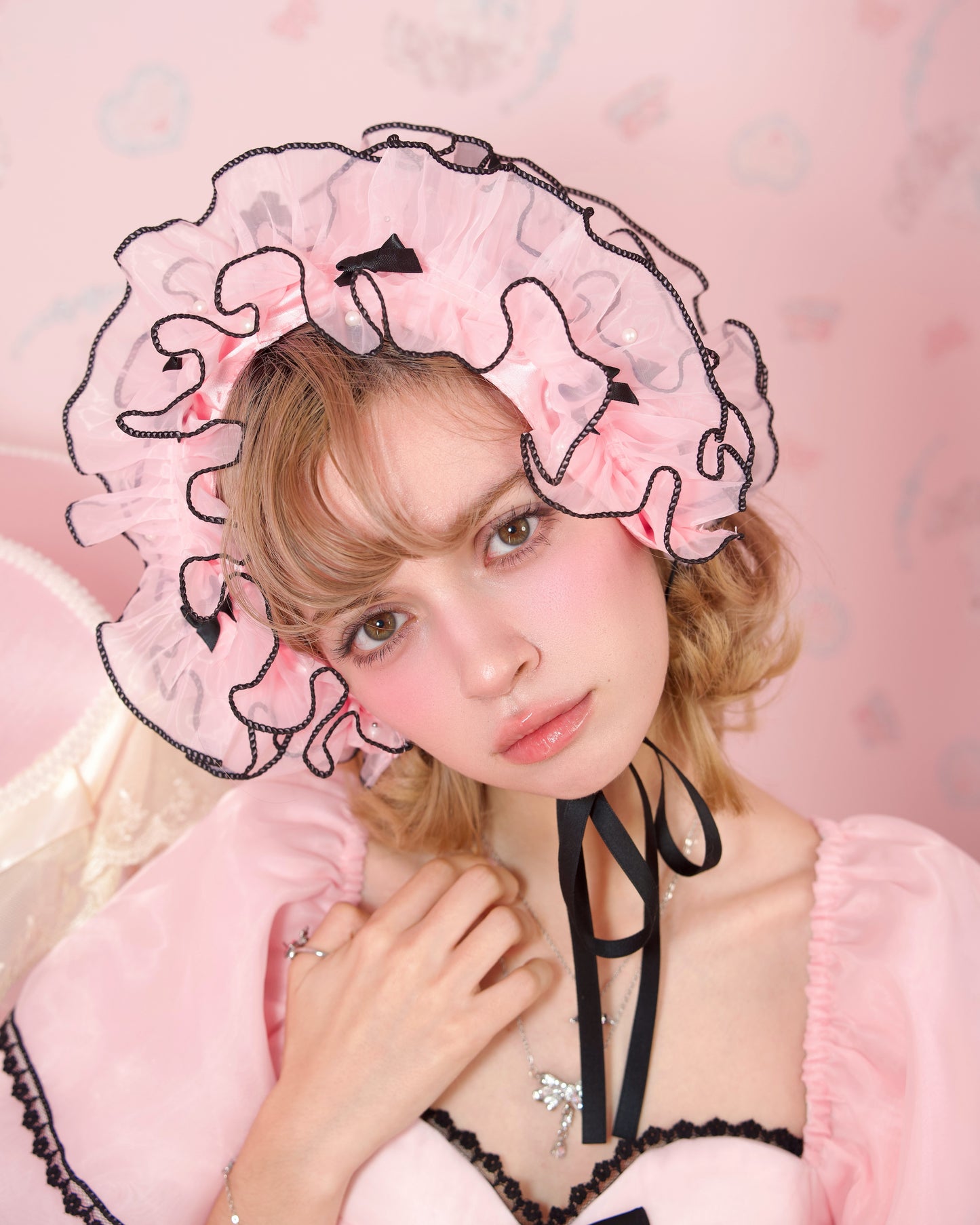 Rosy Pirouette Frill Ribbon Headdress - Midnight Pink (Pink x Black) // PREORDER