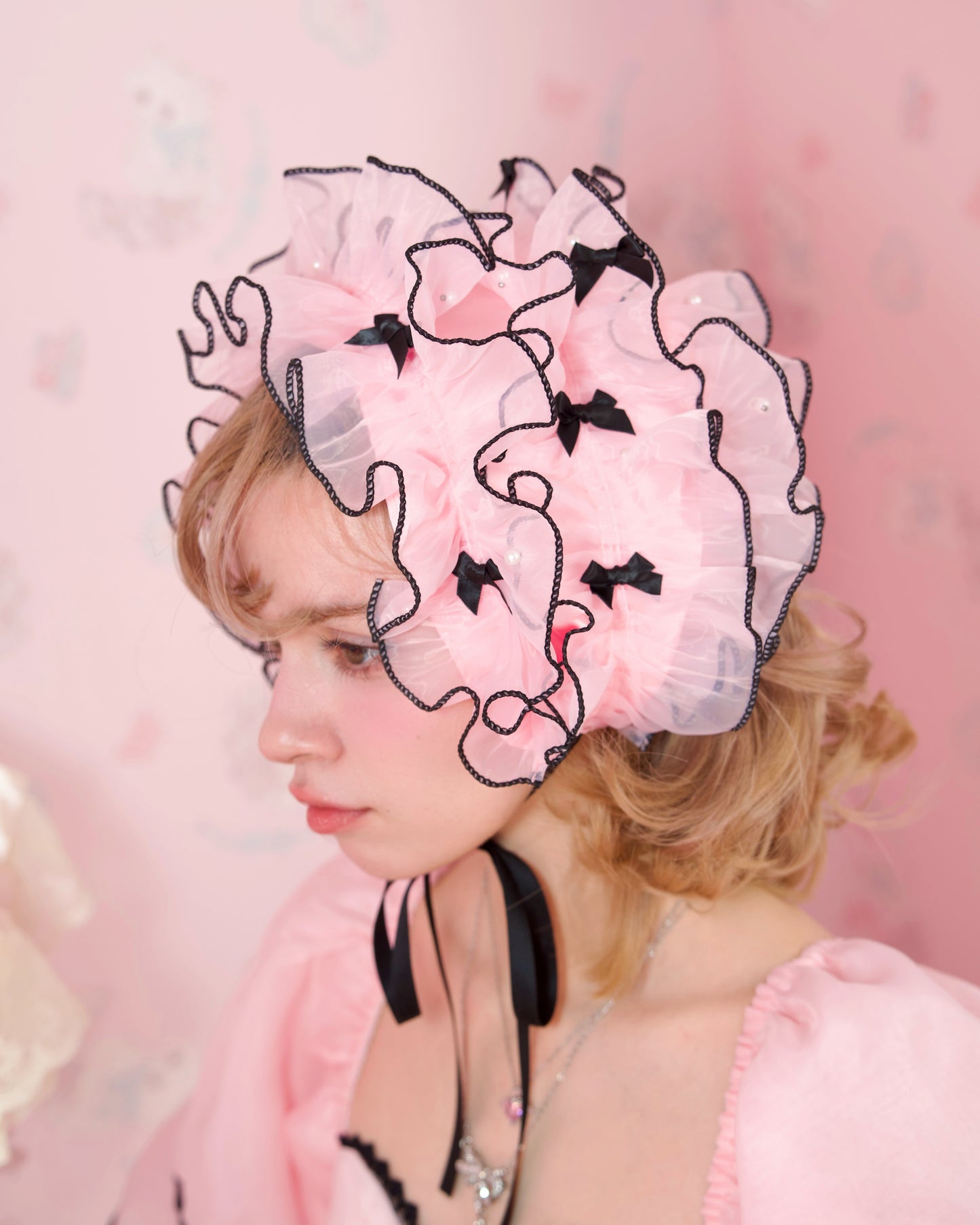 Rosy Pirouette Frill Ribbon Headdress - Midnight Pink (Pink x Black) // PREORDER
