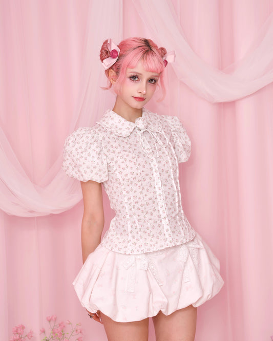 Rosa D'Amour Shortsleeve Blouse - White x Pink Floral // PREORDER