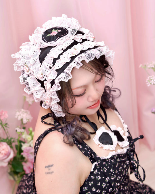 Cherie Lace Head Scarf - Black x Pink // PREORDER