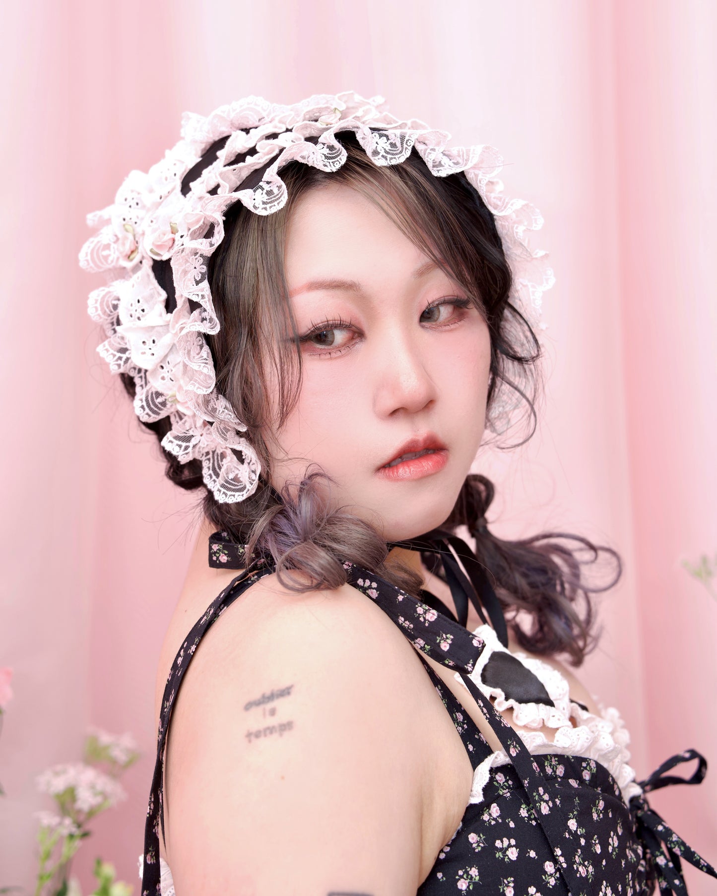 Cherie Lace Head Scarf - Black x Pink // PREORDER