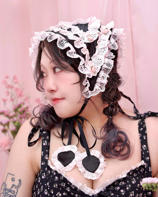 Cherie Lace Head Scarf - Black x Pink // PREORDER
