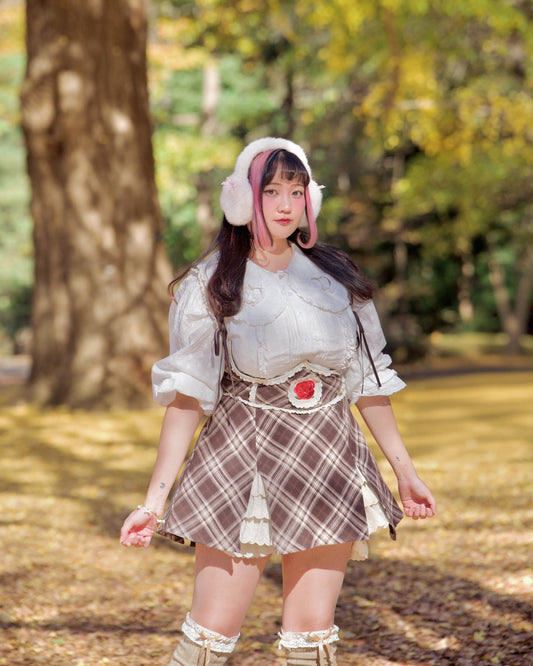 Lacy Biscuit Corset Skirt - Brown Check // PREORDER