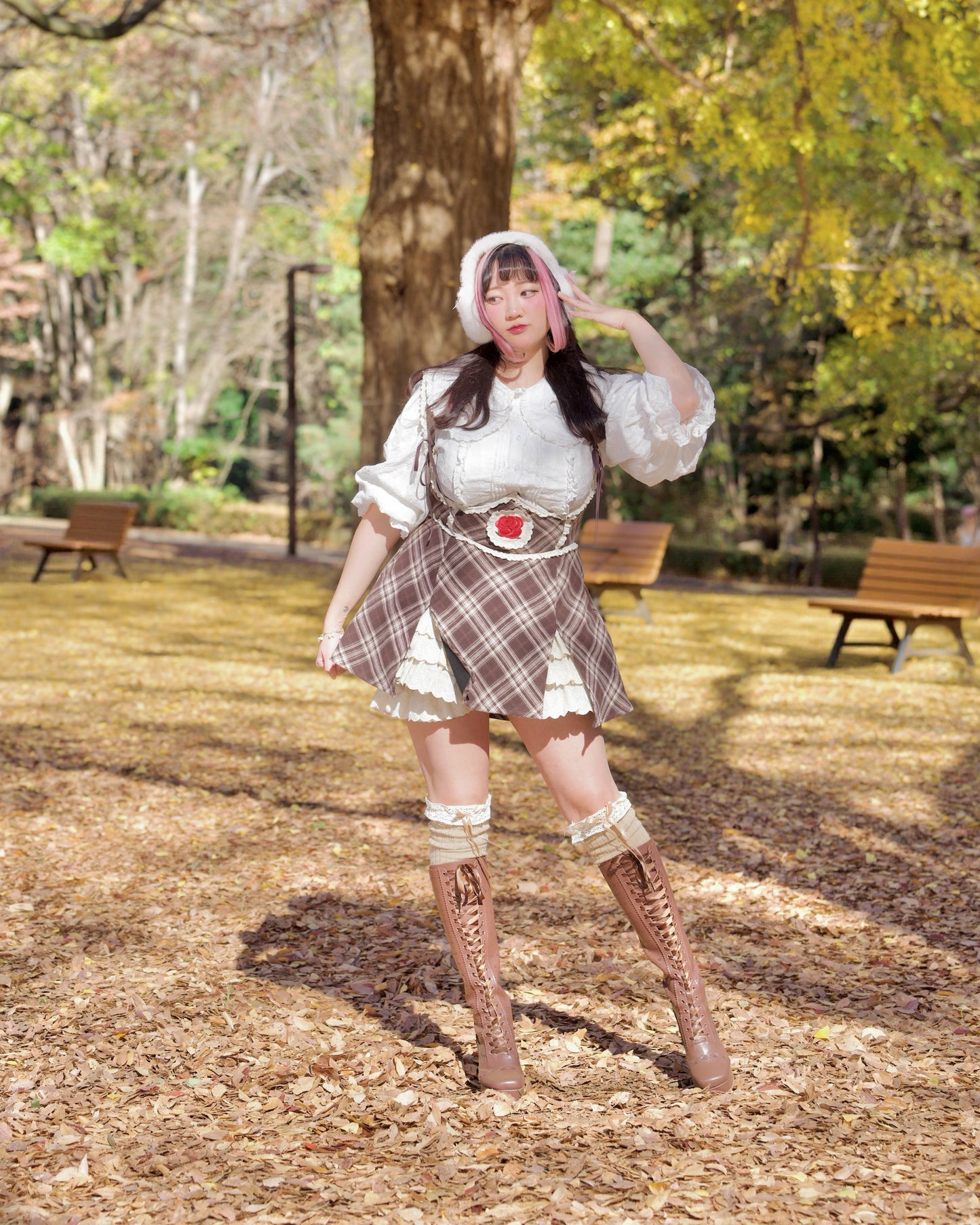 Lacy Biscuit Corset Skirt - Brown Check // PREORDER