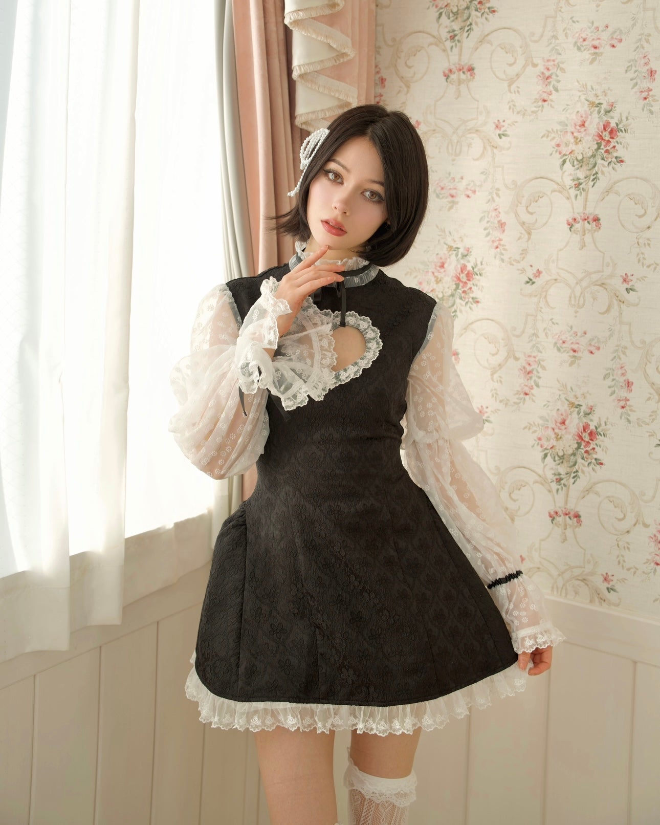 black dress with hearts Cherub's Touch Heart Cutout Size:L (Chest 47) Cargo like pockets High neck dress in Women's 1960s Morticia Addams