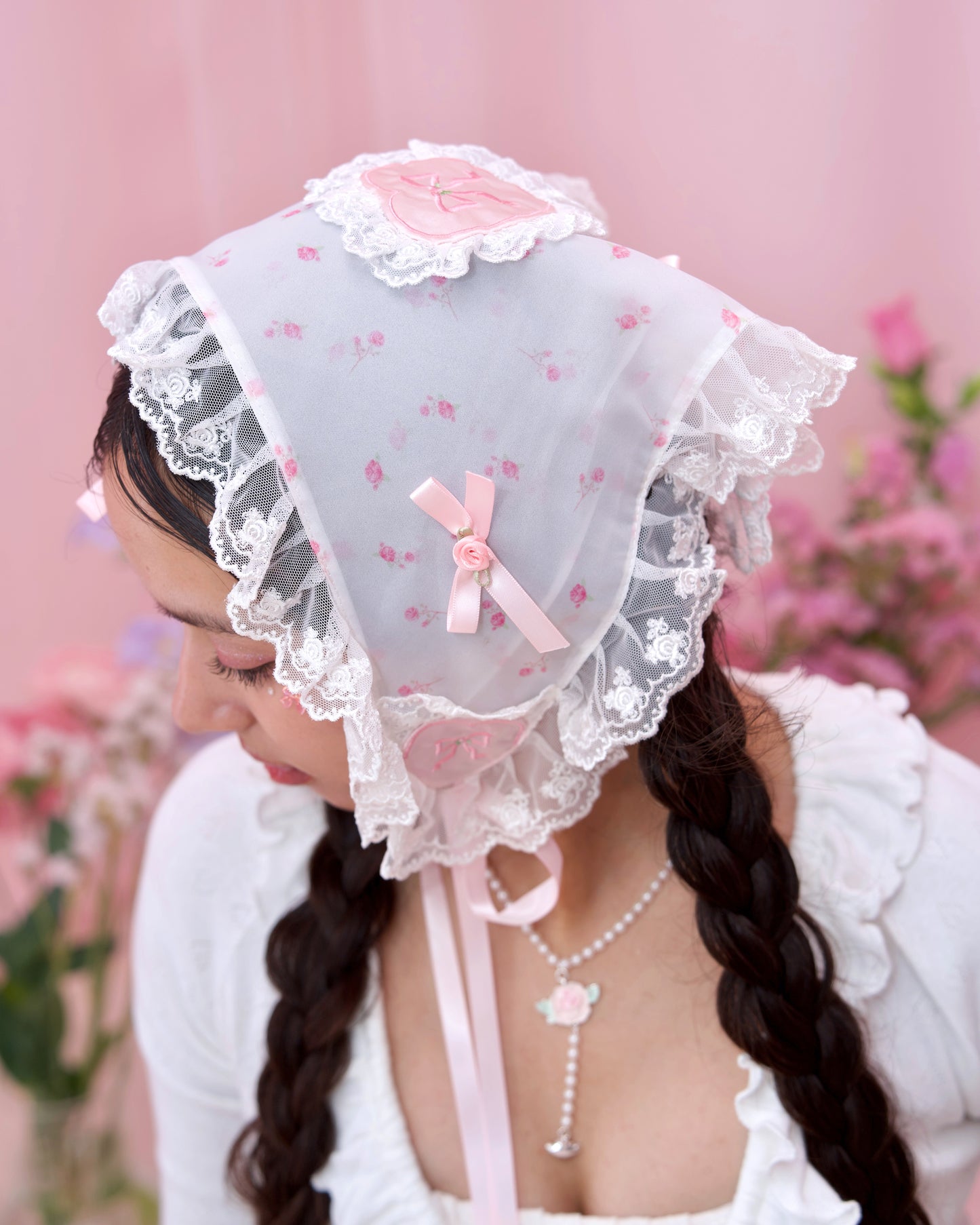 Rosy Daydream Head Scarf - White x Pink