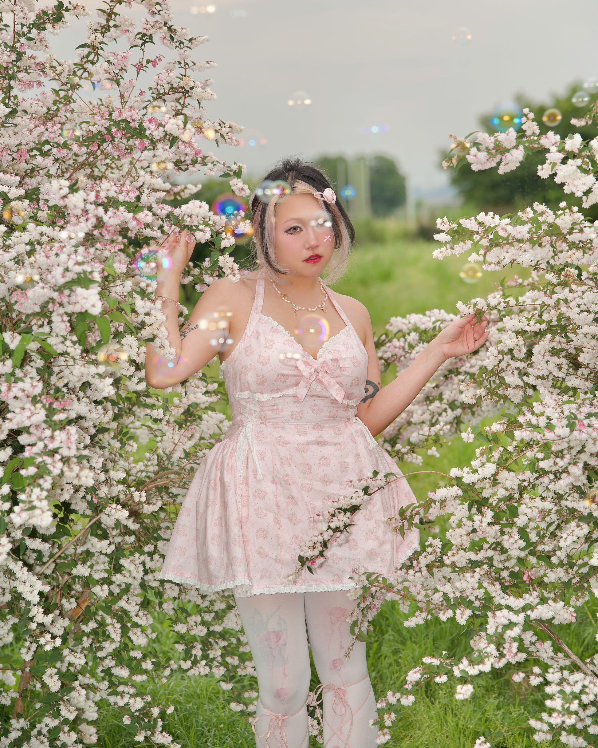 Sunberry Halter Dress, Pink Floral Motif Vina of the Valley Sunberry Halter Dress, Pink Floral Motif Vina of the Valley
