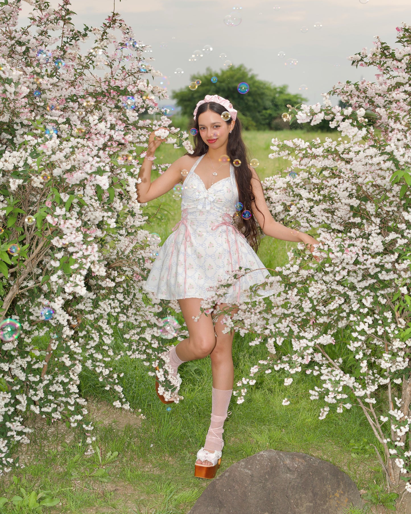 Sunberry Halter Dress, Blue Rose Ribbon Motif PREORDER