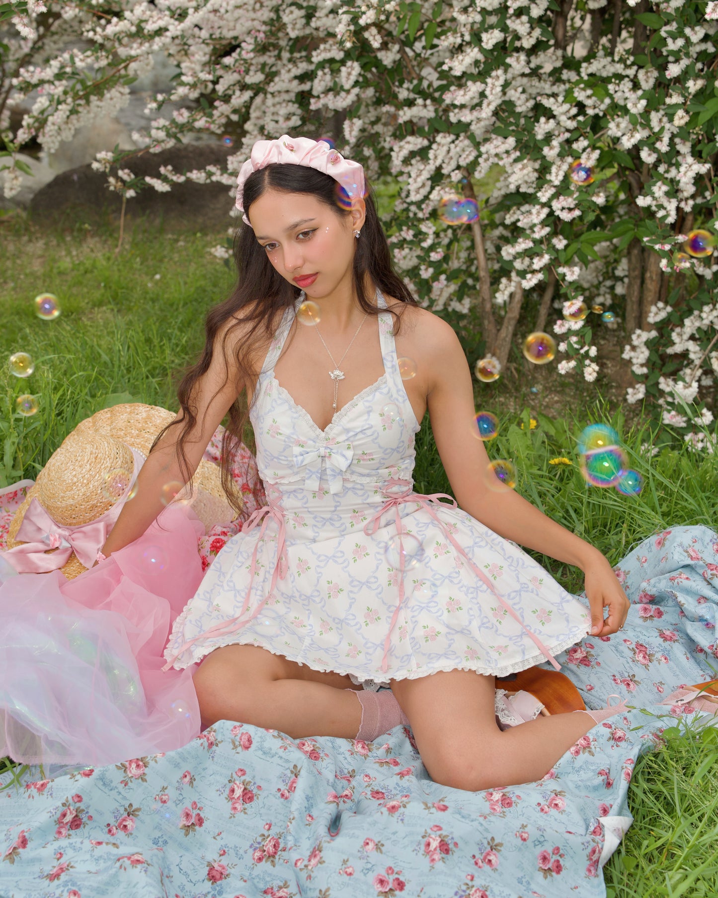 Sunberry Halter Dress, Blue Rose Ribbon Motif PREORDER