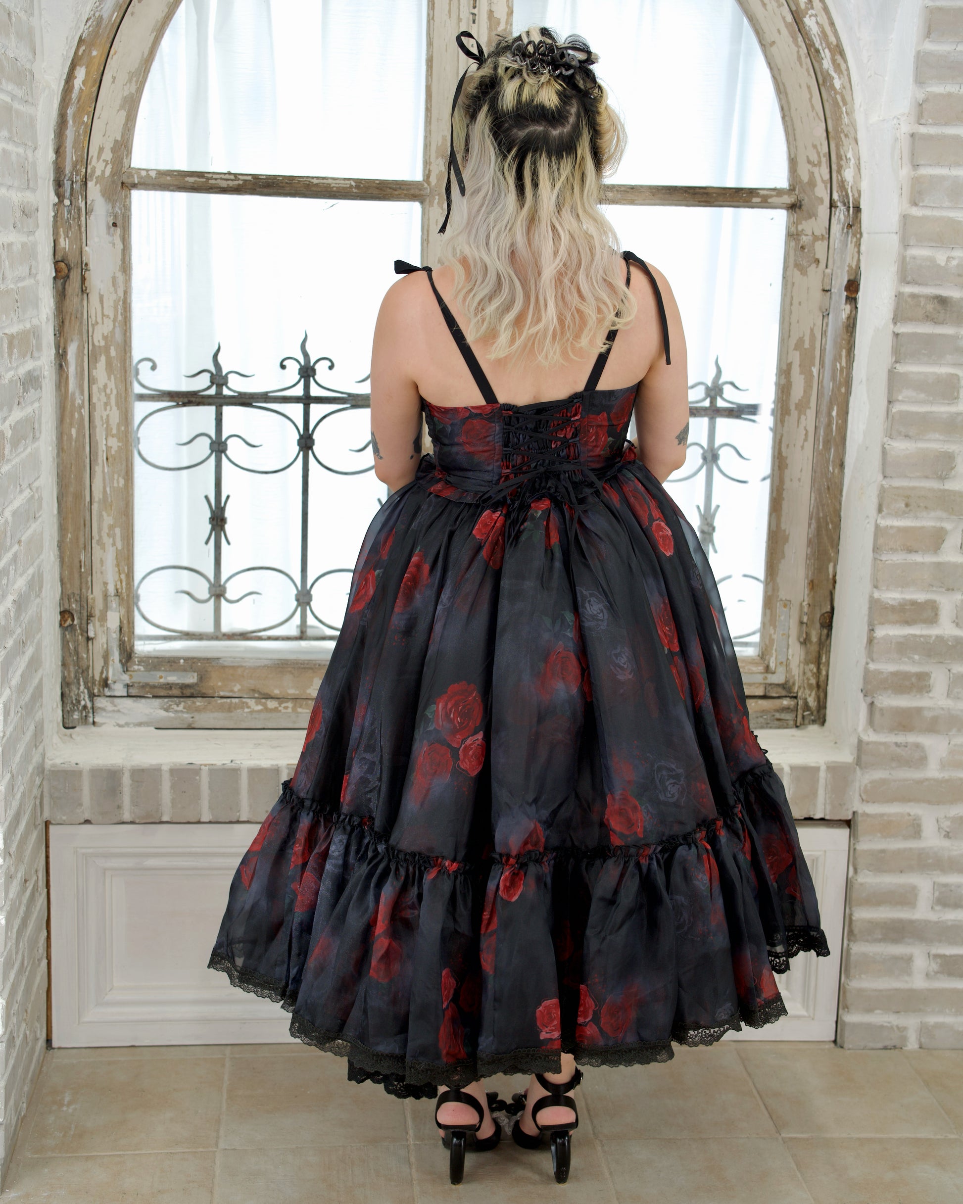 black organza dress Kadi Striped Organza Midi Dress Black / L by Sugarlips