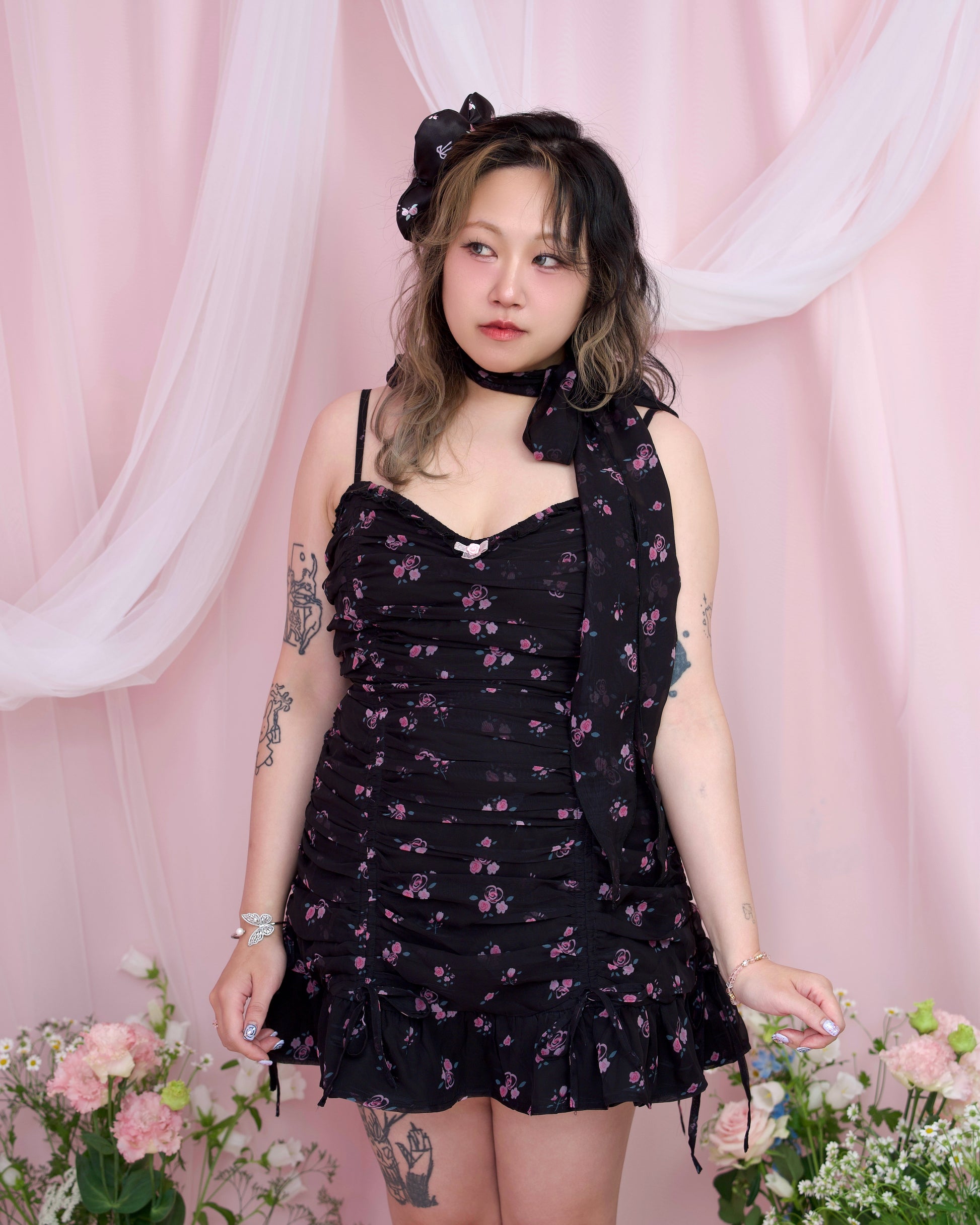 Claire De Lune Dress - Black x Pink Floral // PREORDER Vina of the Valley Claire De Lune Dress - Black x Pink Floral // PREORDER Vina of the Valley