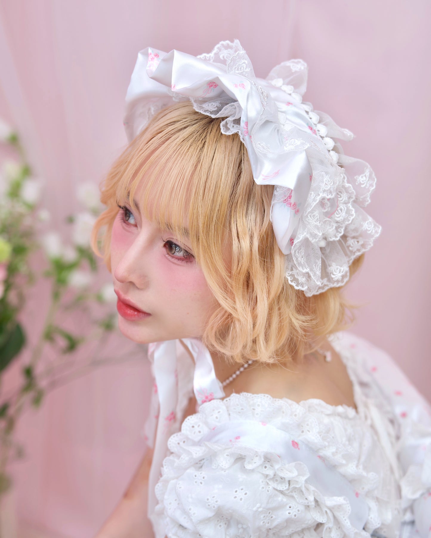 Rosette Ruffle Bonnet - White // PREORDER