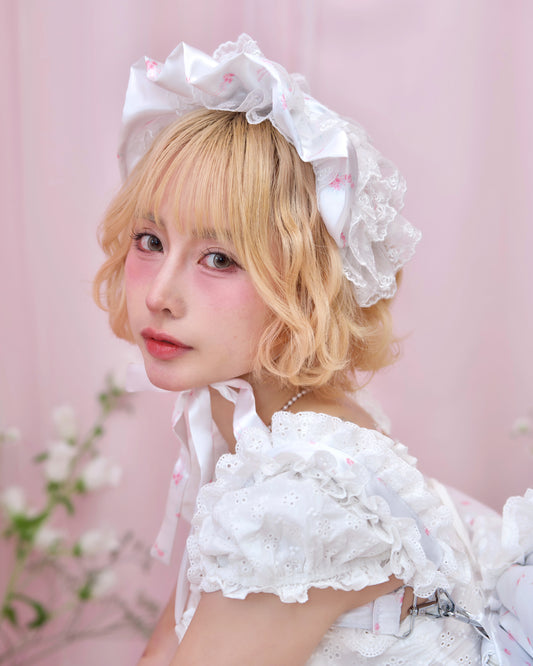 Rosette Ruffle Bonnet - White // PREORDER
