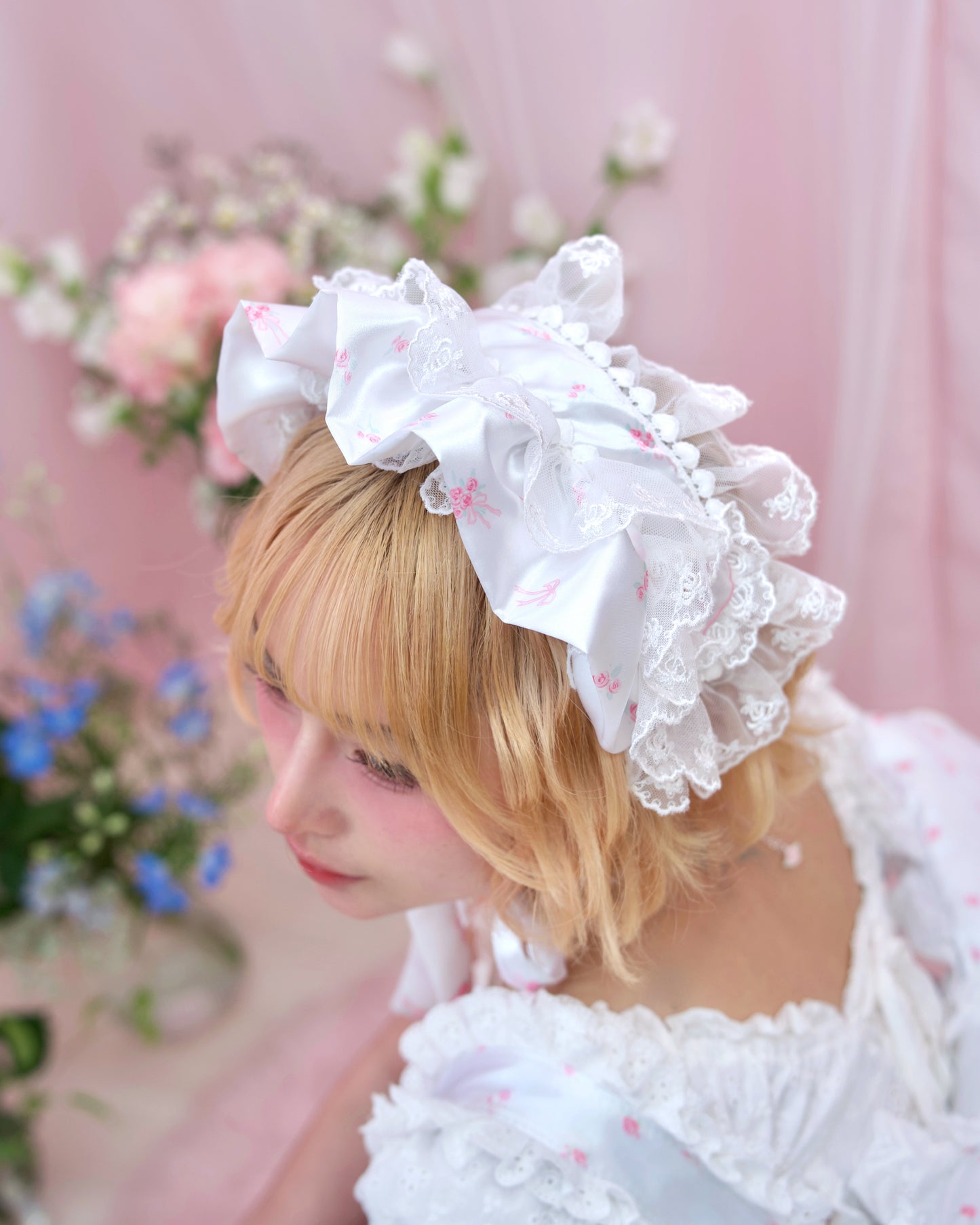 Rosette Ruffle Bonnet - White // PREORDER
