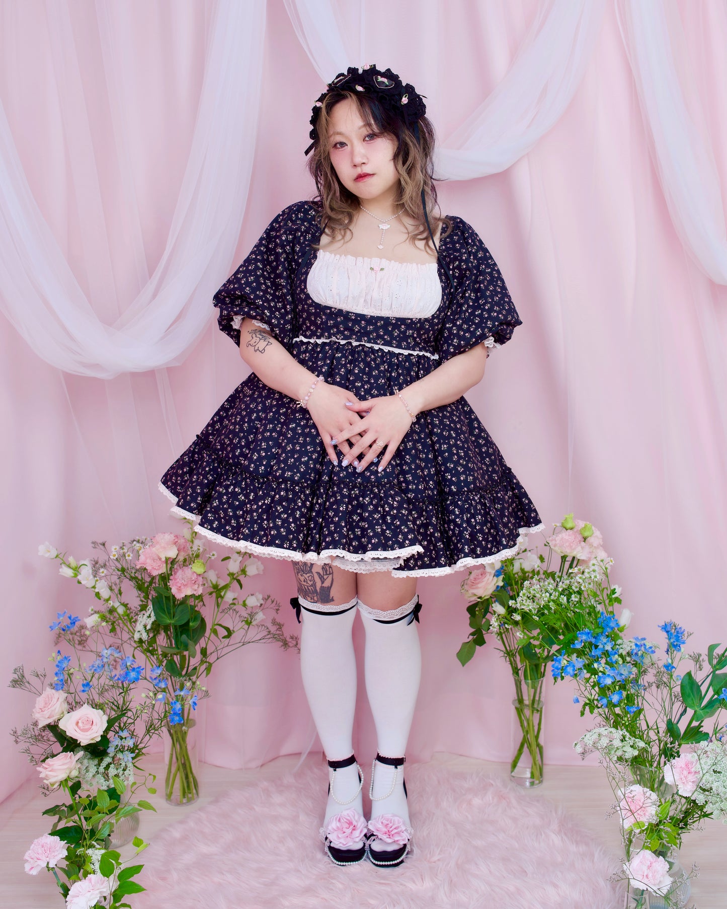 Lost in the Garden Babydoll Dress - Black x Pink // PREORDER
