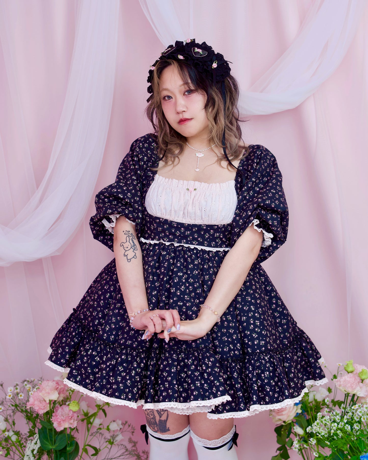 Lost in the Garden Babydoll Dress - Black x Pink // PREORDER