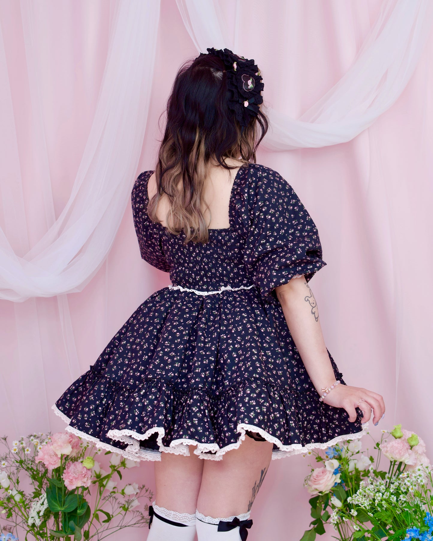 Lost in the Garden Babydoll Dress - Black x Pink // PREORDER