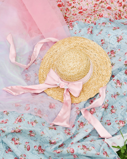 Château Ruffle Straw Hat Pink Ribbon PREORDER