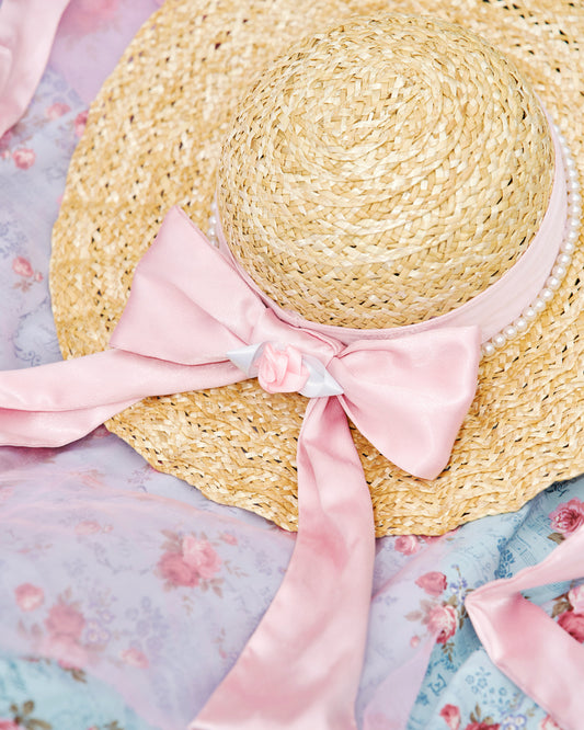 Château Ruffle Straw Hat Pink Ribbon PREORDER