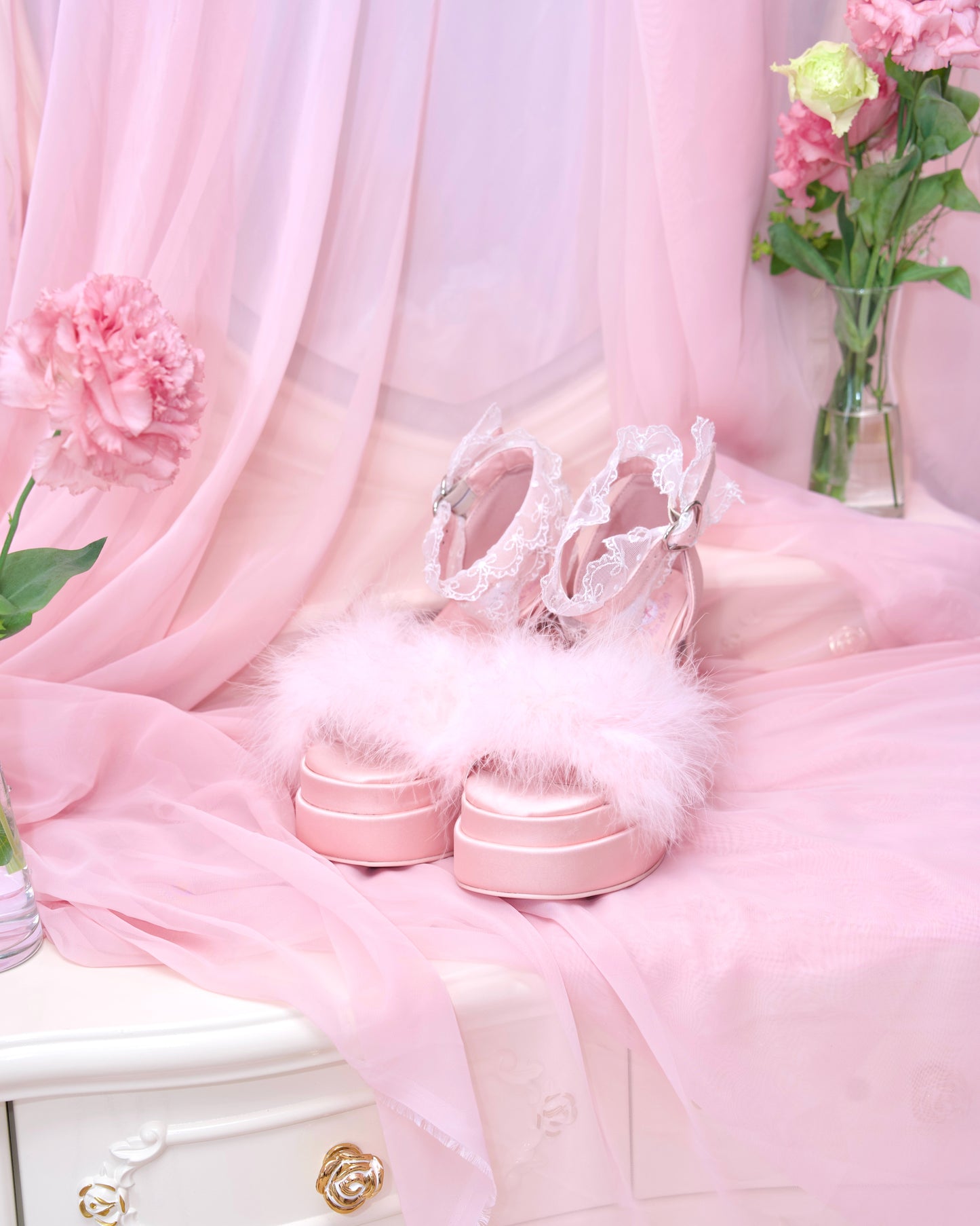 Strawberry Milk Fluffy Platform Heels - Pink // PREORDER