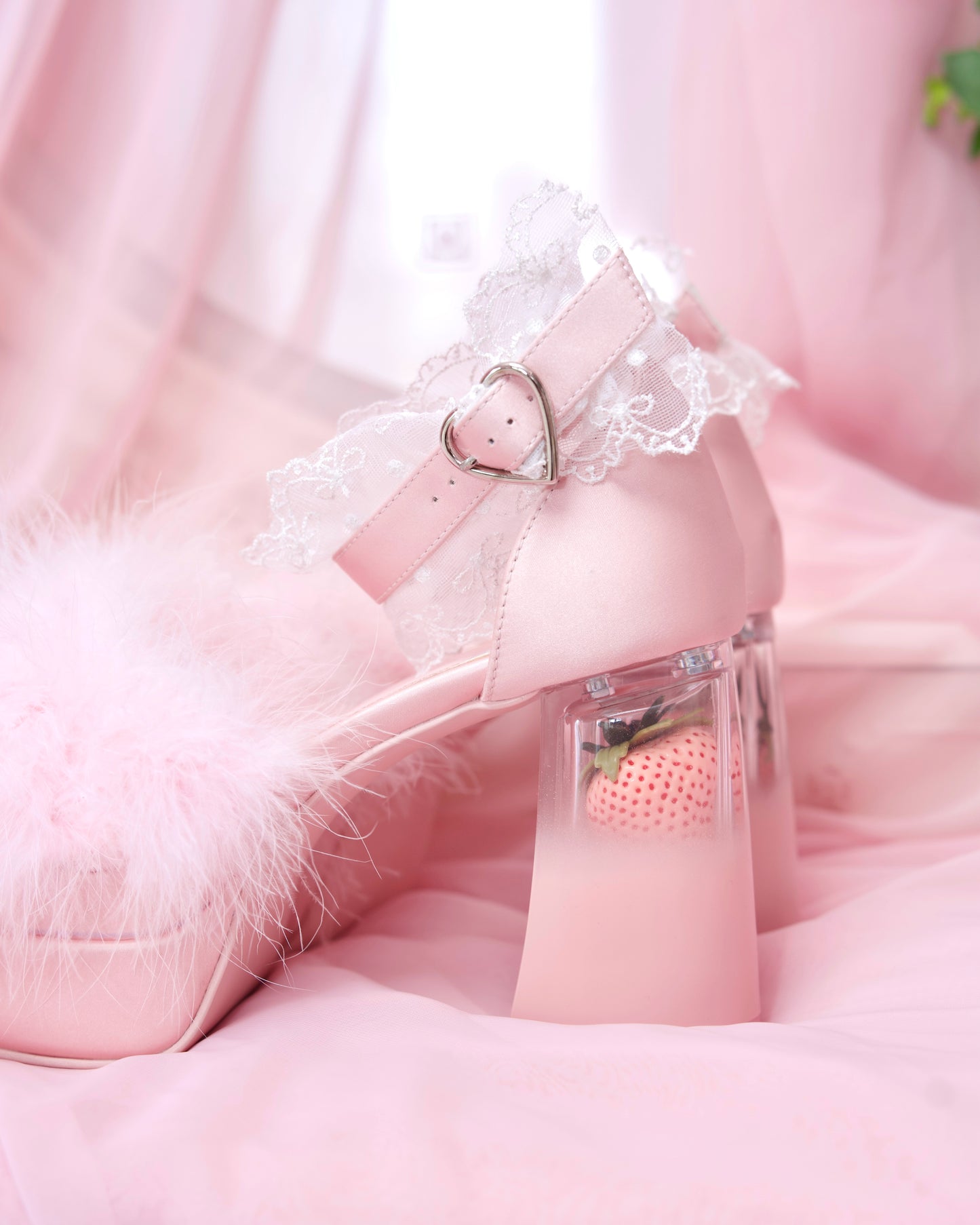 Strawberry Milk Fluffy Platform Heels - Pink // PREORDER