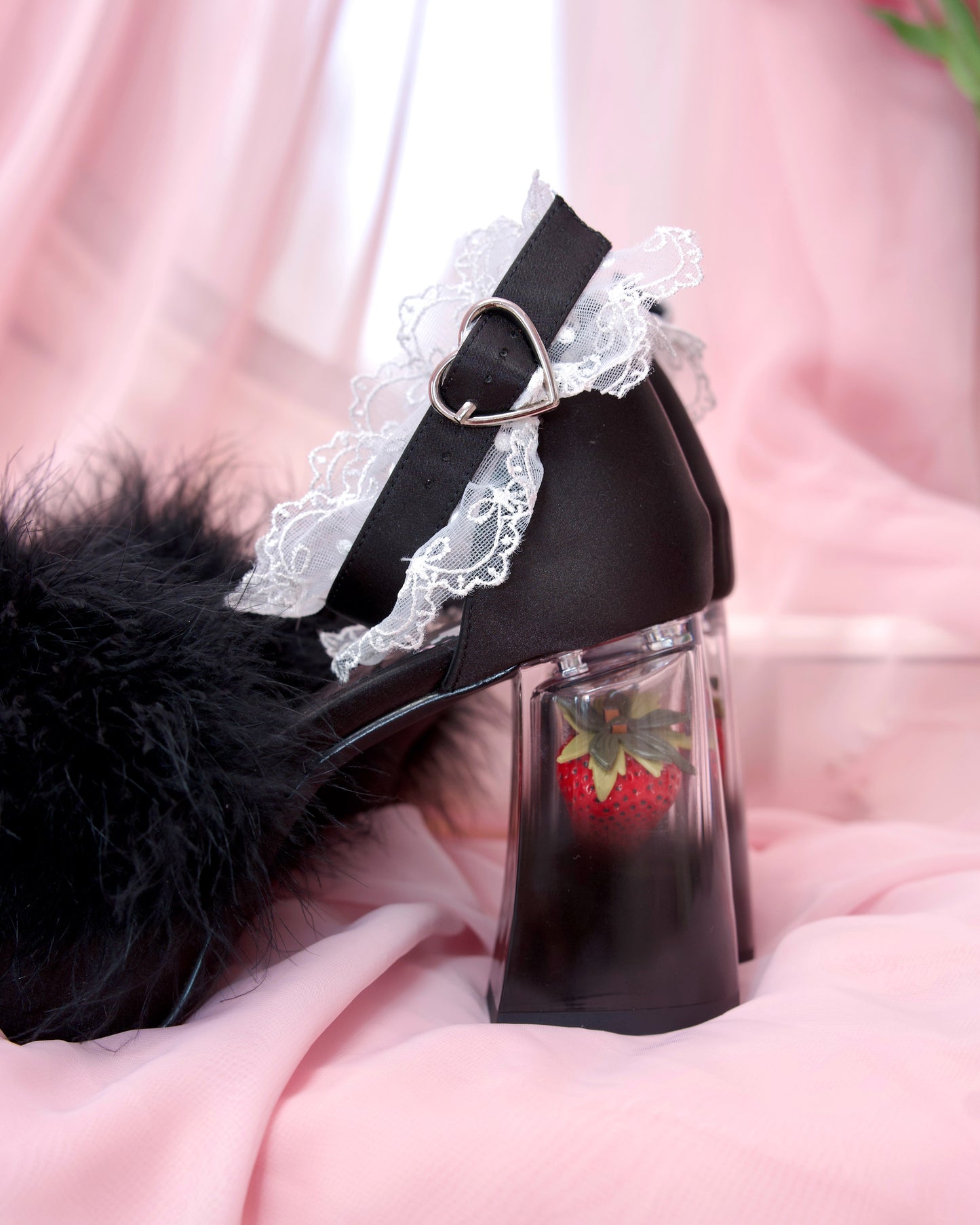 Strawberry Milk Fluffy Platform Heels - Black // PREORDER