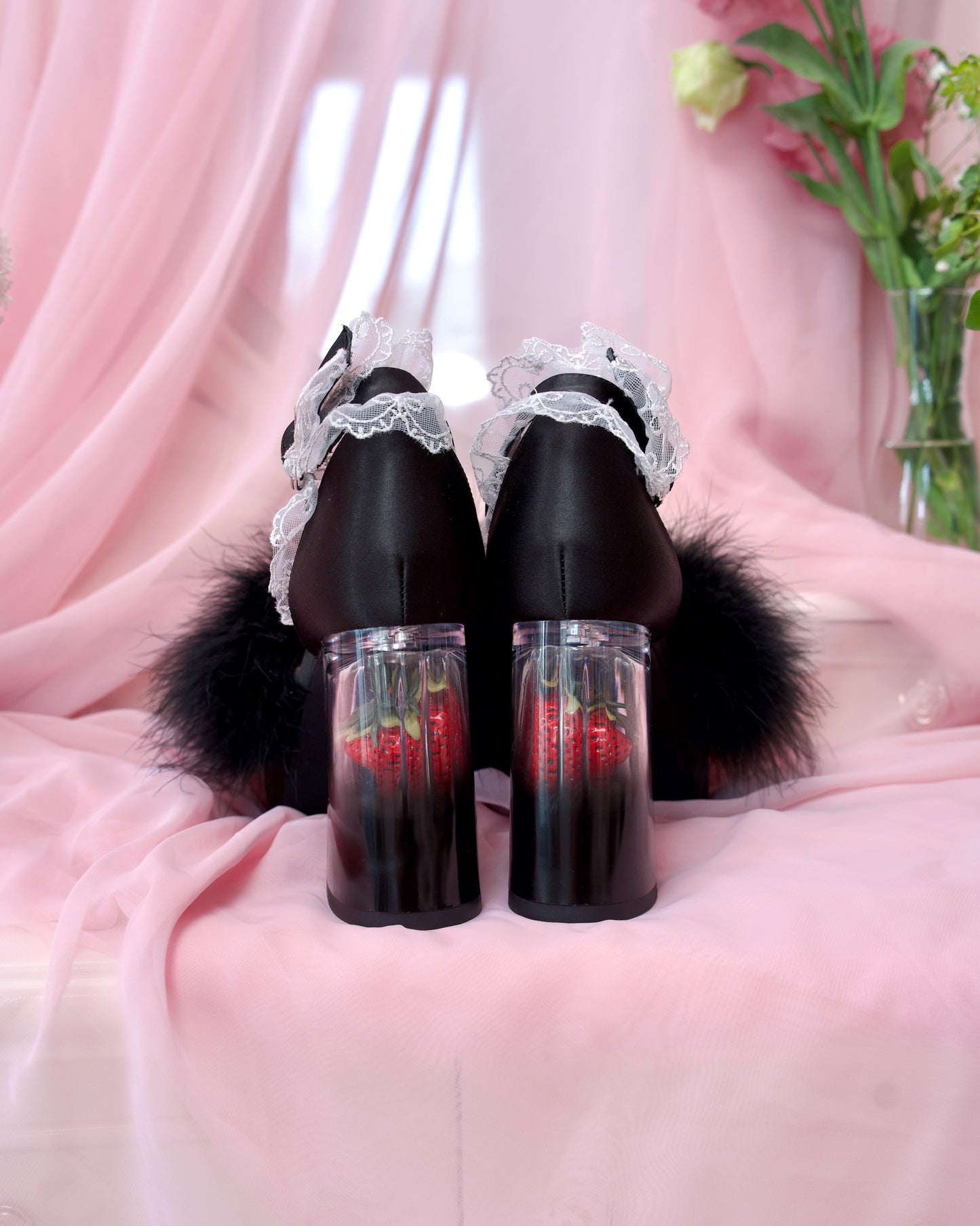 Strawberry Milk Fluffy Platform Heels - Black // PREORDER