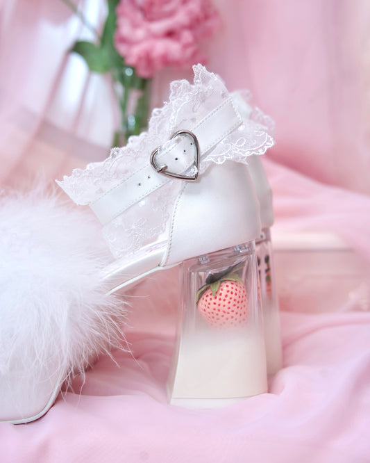 Strawberry Milk Fluffy Platform Heels - White // PREORDER