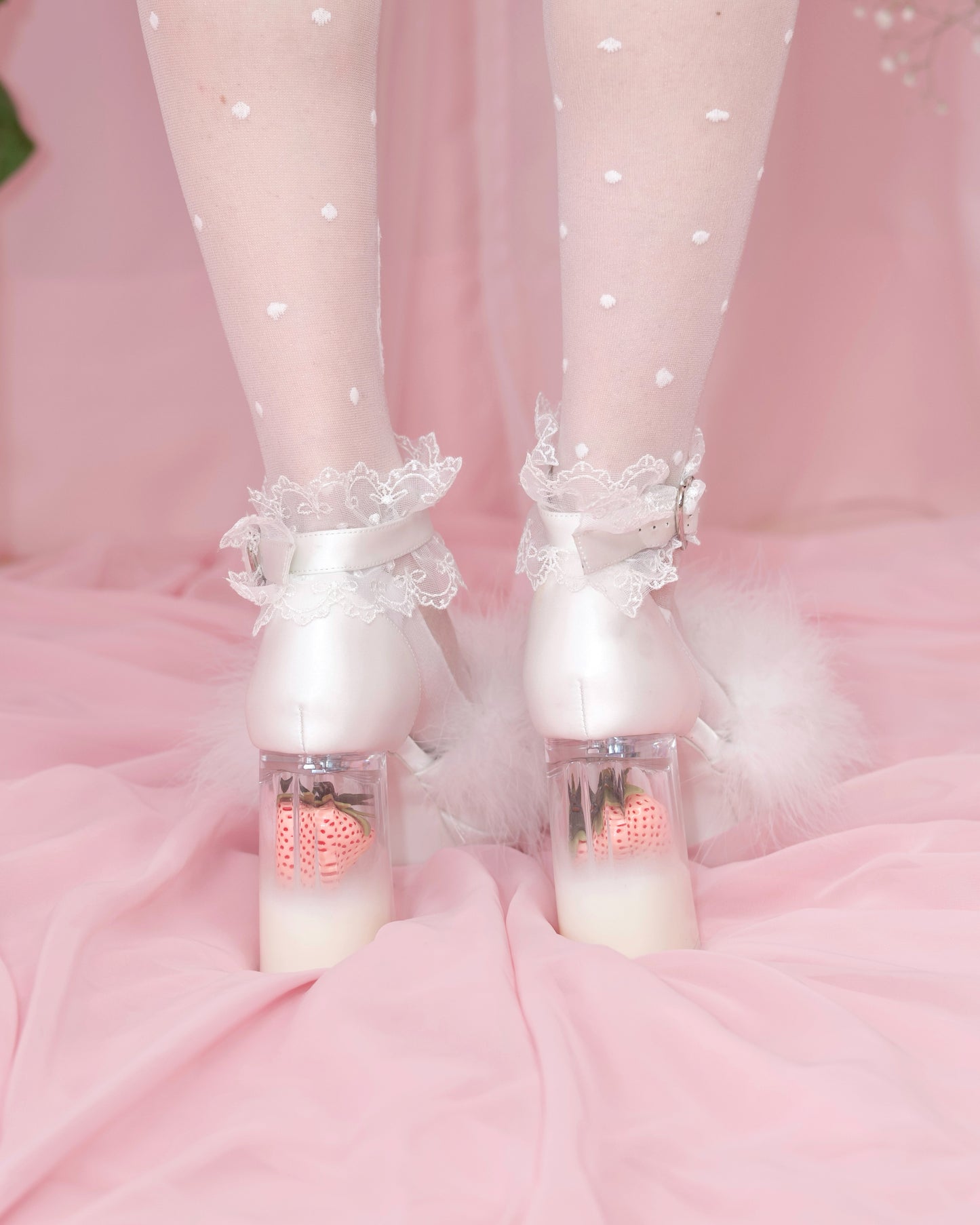 Strawberry Milk Fluffy Platform Heels - White // PREORDER