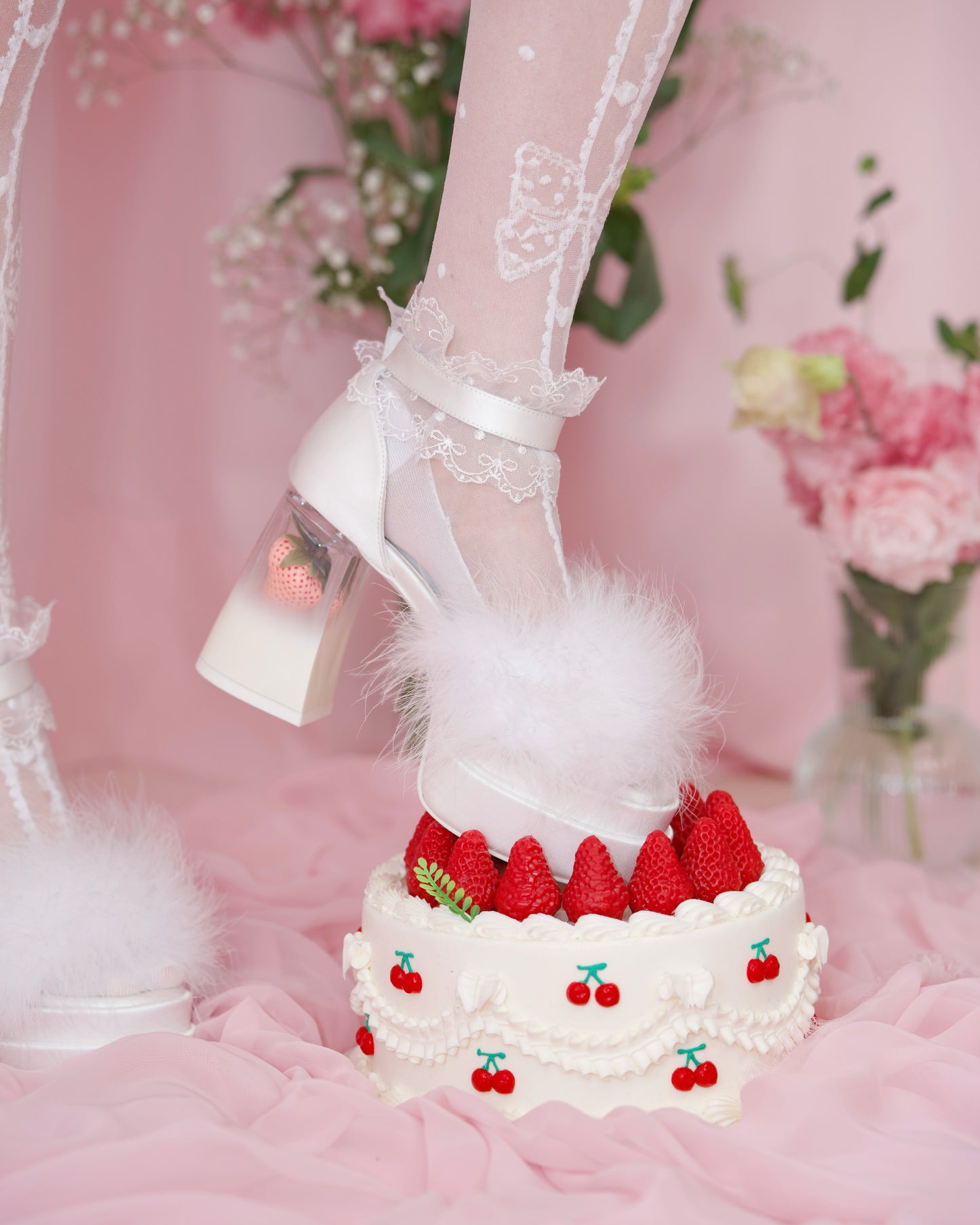 Strawberry Milk Fluffy Platform Heels - White // PREORDER