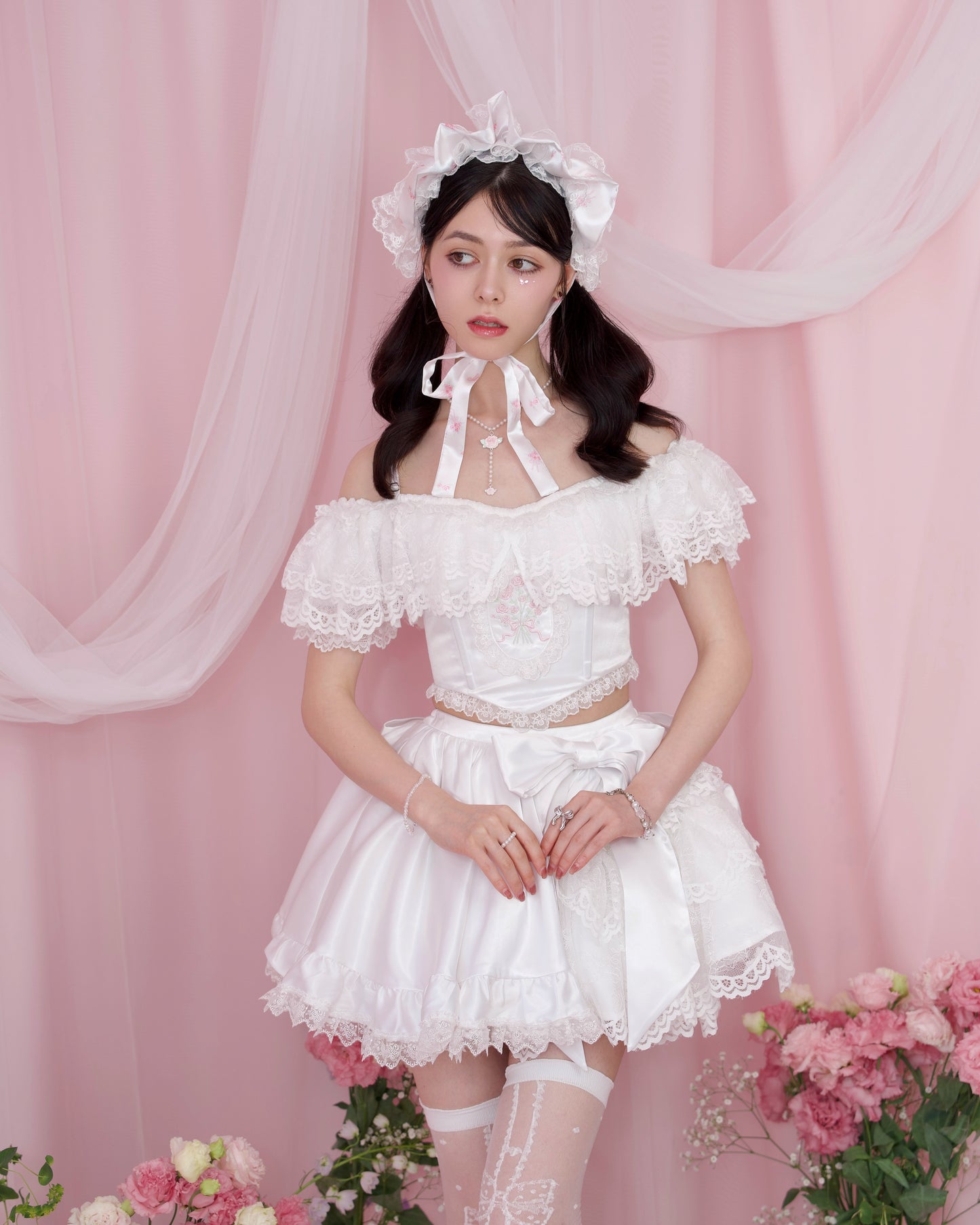 Rose Soirée Ball Gown Lace Up Bustier - White // PREORDER