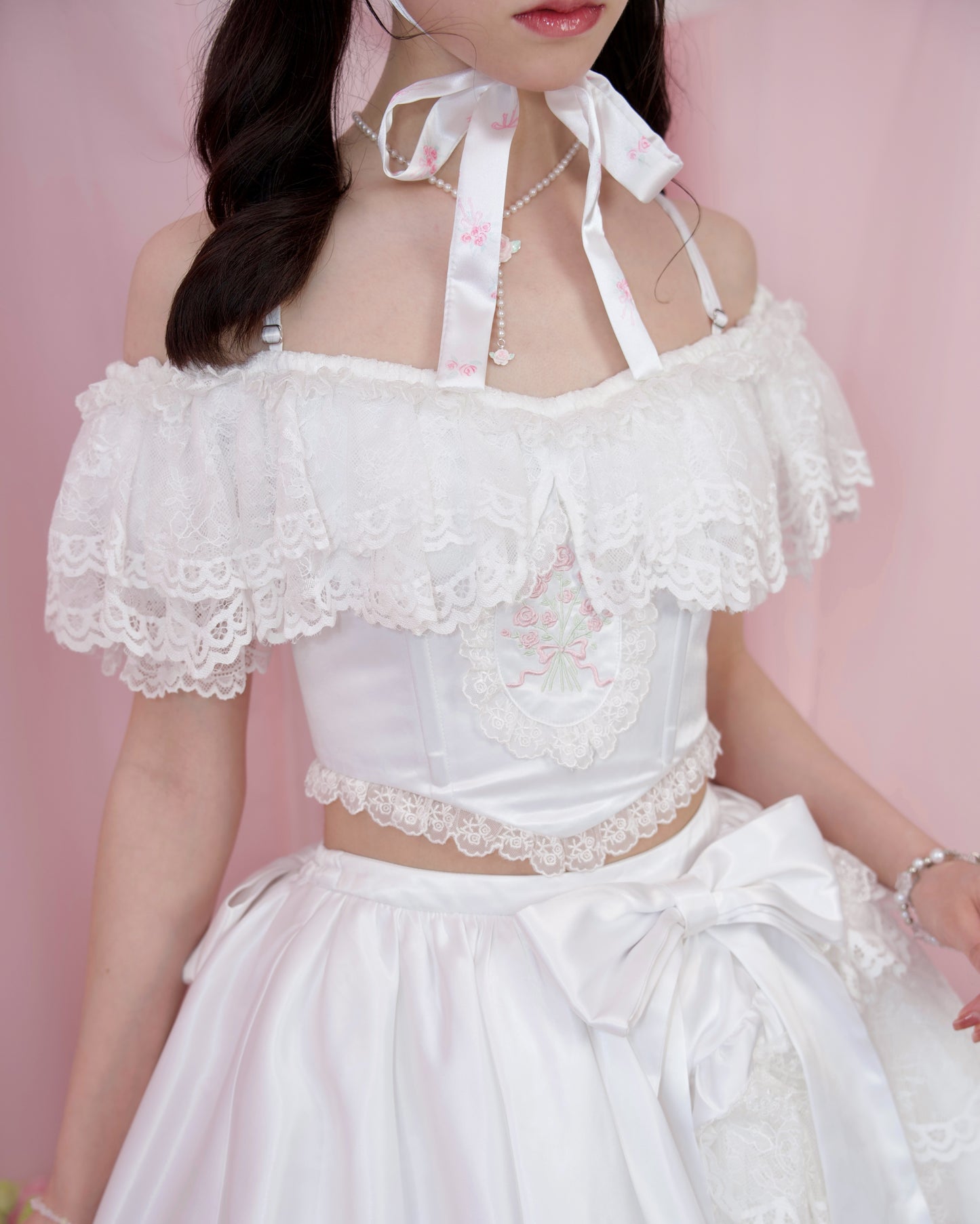 Rose Soirée Ball Gown Lace Up Bustier - White // PREORDER