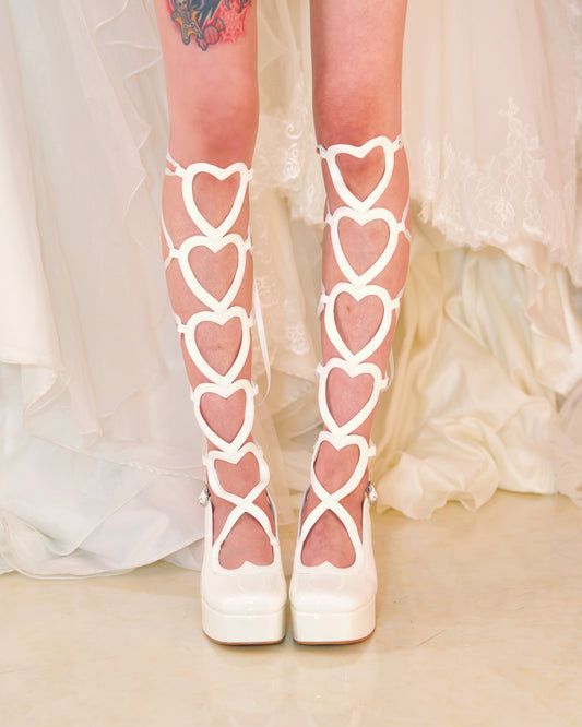 "Dear Valentine" Knee High Heart Platform Heels White PREORDER