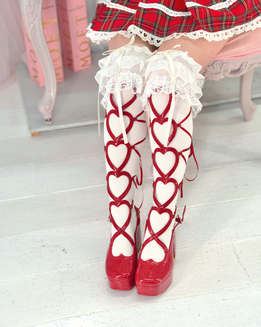 "Dear Valentine" Knee High Heart Platform Heels Red PREORDER