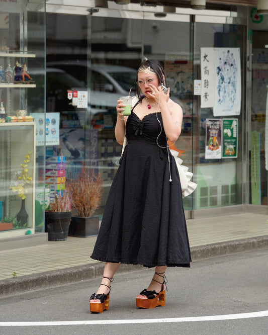 Meadowlace Long Cotton Halter Dress Black PREORDER