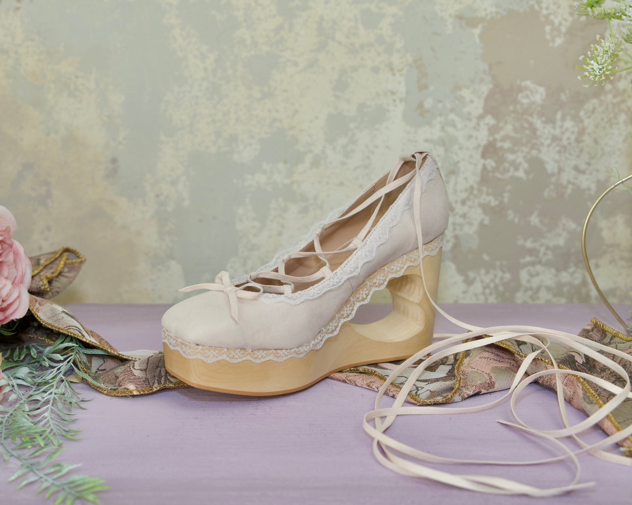 "Cupid's Ballerina" Heart Platform Lace Up Shoes - Cream // PREORDER