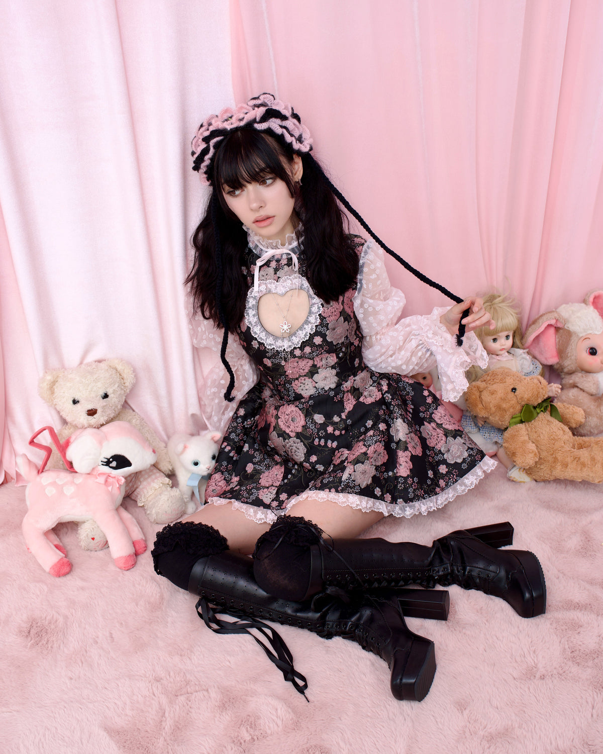 Frilly Rose Puff Hand Crochet Headdress - Black // PREORDER