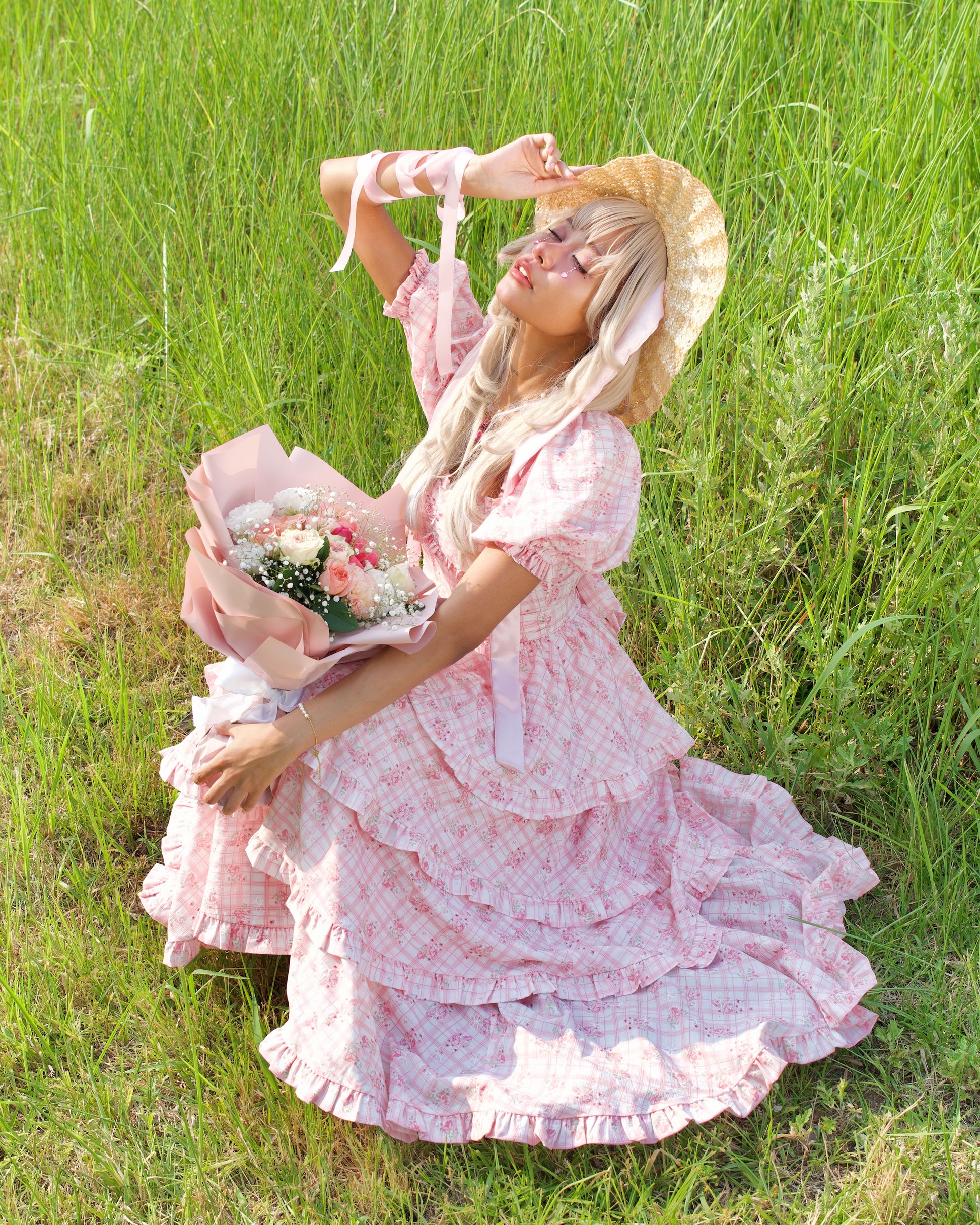 Ribbon Sweetheart Long Layer Dress Pink - Main Image