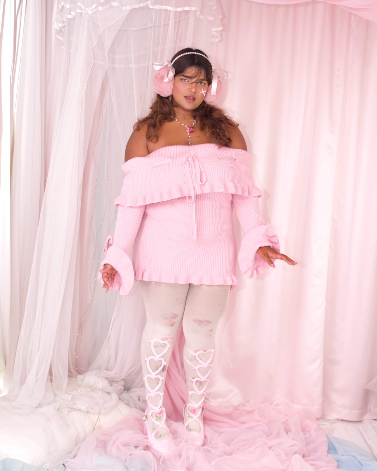 Darling Reverie Off Shoulder Knit Dress Pink PREORDER